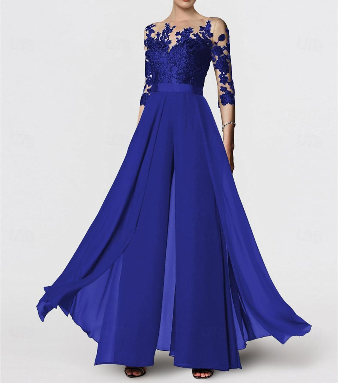 A-Line/Princess Jewel Neck 3/4 Length Sleeves Floor-Length Mother of the Bride Jumpsuits with Applique