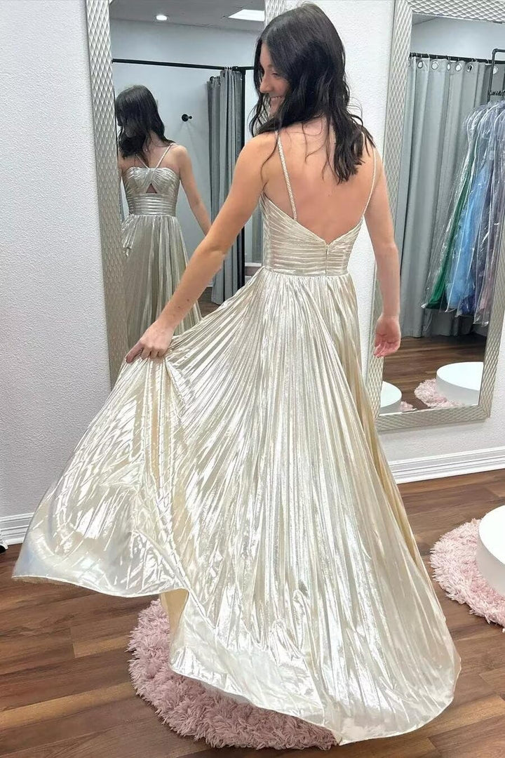 A-Line/Princess Spaghetti Straps Sleeveless Floor-length Long Formal Evening Dresses with Split Side