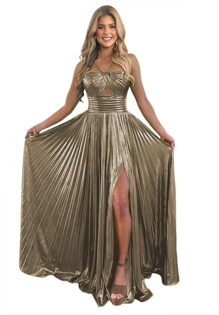 A-Line/Princess Spaghetti Straps Sleeveless Floor-length Long Formal Evening Dresses with Split Side