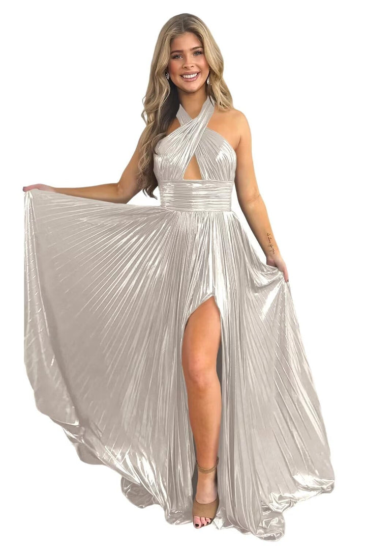 A-Line/Princess Halter Sleeveless Floor-length Long Formal Evening Dresses with Split Side