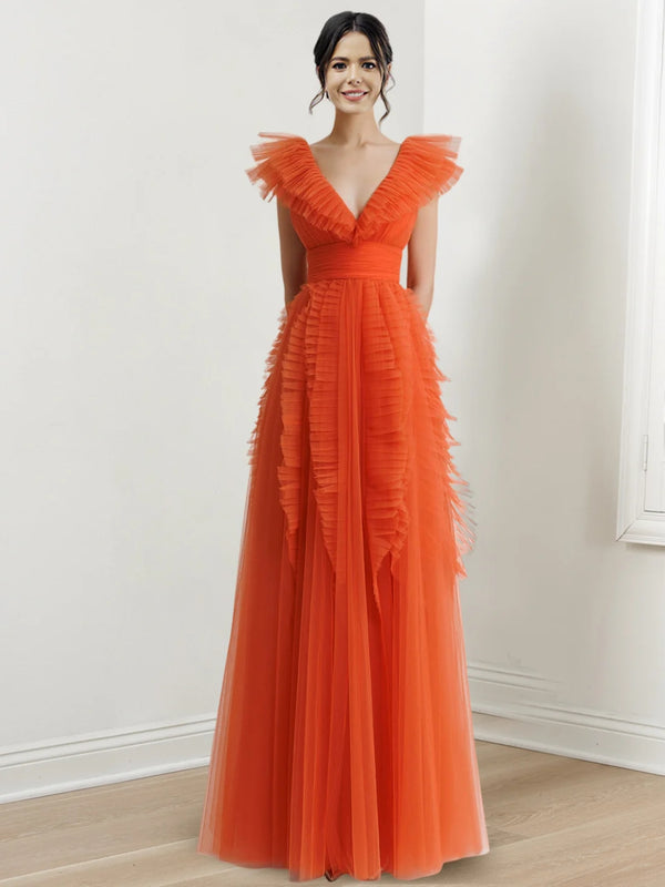 A-Line/Princess V-Neck Sleeveless Floor-length Long Prom Dresses Whit Ruffled