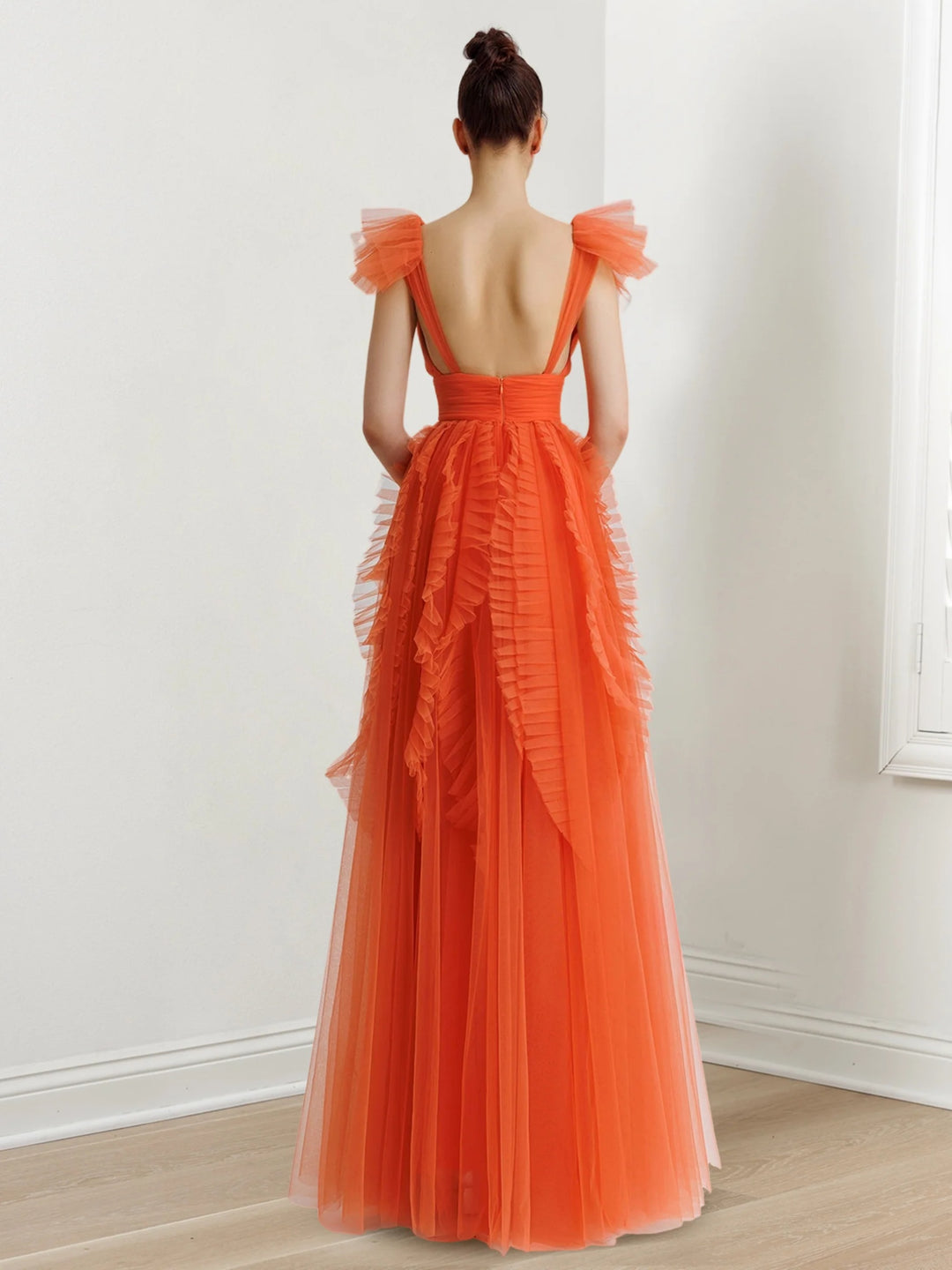 A-Line/Princess V-Neck Sleeveless Floor-length Long Prom Dresses Whit Ruffled