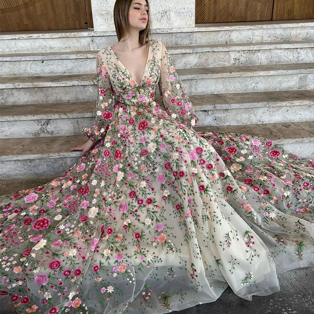Embroidery Prom Dresses 2026 A-Line/Princess V-Neck Long Sleeves Floral Formal Party Evening Dress Ball Gowns With Flowers, Champagne