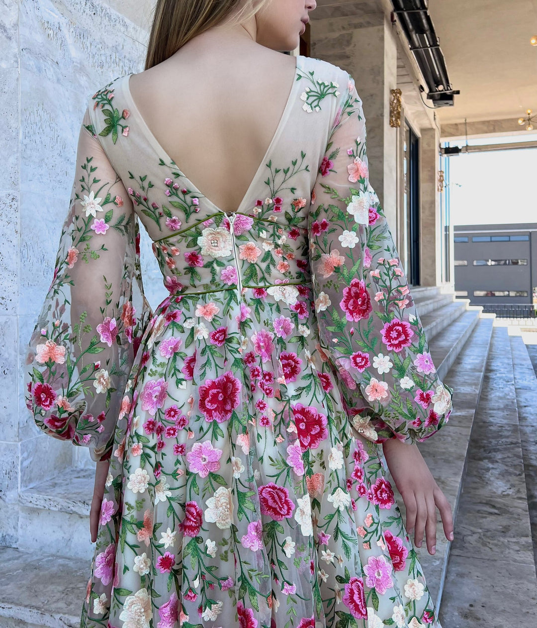 A-Line/Princess V-Neck Long Sleeves Floral Formal Party Dresses With Flowers
