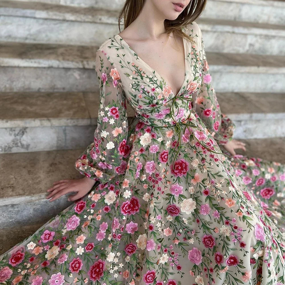 Embroidery Prom Dresses 2026 A-Line/Princess V-Neck Long Sleeves Floral Formal Party Evening Dress Ball Gowns With Flowers, Champagne