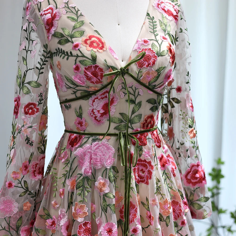 Embroidery Prom Dresses 2026 A-Line/Princess V-Neck Long Sleeves Floral Formal Party Evening Dress Ball Gowns With Flowers, Champagne Embroidery Prom Dresses 2026 A-Line/Princess V-Neck Long Sleeves Floral Formal Party Evening Dress Ball Gowns With Flowers, Champagne