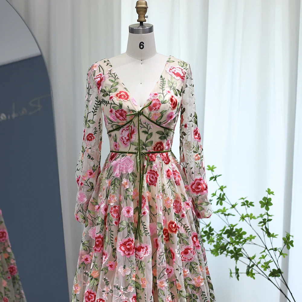 Embroidery Prom Dresses 2026 A-Line/Princess V-Neck Long Sleeves Floral Formal Party Evening Dress Ball Gowns With Flowers, Champagne Embroidery Prom Dresses 2026 A-Line/Princess V-Neck Long Sleeves Floral Formal Party Evening Dress Ball Gowns With Flowers, Champagne