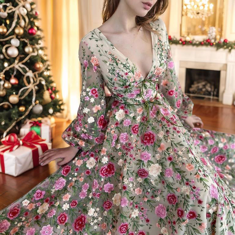 Embroidery Prom Dresses 2026 A-Line/Princess V-Neck Long Sleeves Floral Formal Party Evening Dress Ball Gowns With Flowers, Champagne