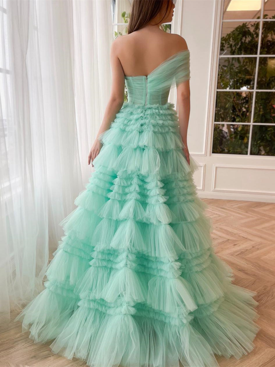 A-Line/Princess One-Shoulder Sleeveless Floor-Length  Prom Dresses with Pleats
