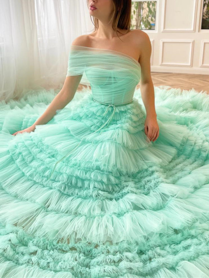 A-Line/Princess One-Shoulder Sleeveless Floor-Length  Prom Dresses with Pleats