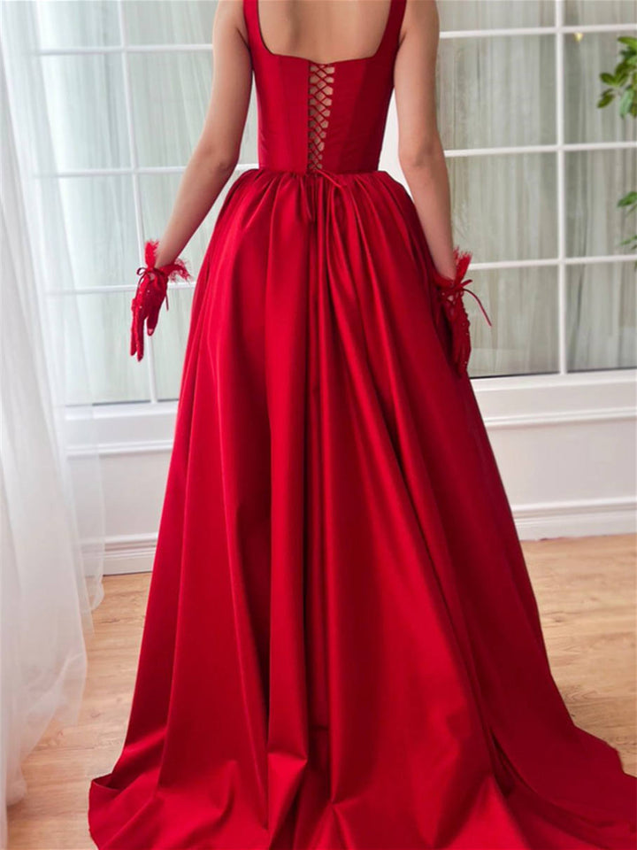A-Line/Princess Square Neck Spaghetti Straps Sleeveless Floor-Length  Prom Dresses