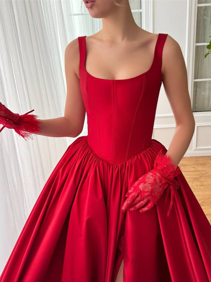 A-Line/Princess Square Neck Spaghetti Straps Sleeveless Floor-Length  Prom Dresses