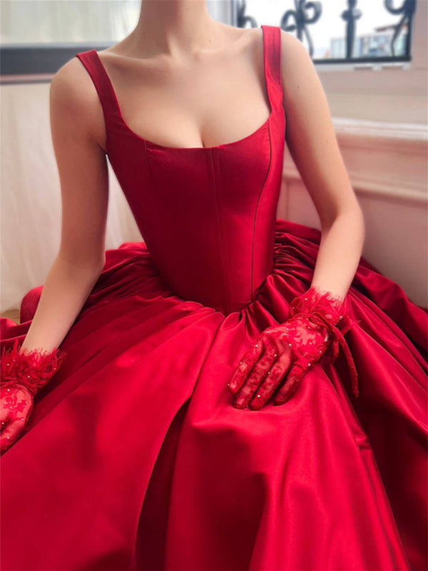 A-Line/Princess Square Neck Evening Dresses Spaghetti Straps Sleeveless Floor-Length  Prom Dresses