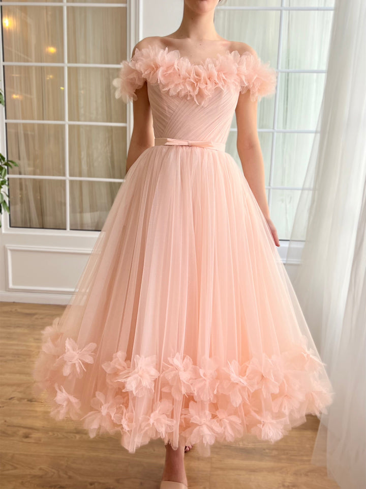 A-Line/Princess Sweetheart Off-the-Shoulder Ankle-Length Prom Dress with Embroidered Flowers