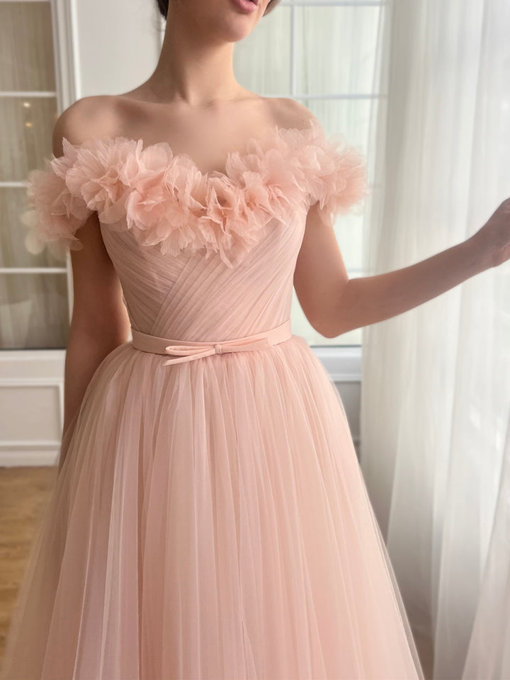 A-Line/Princess Sweetheart Off-the-Shoulder Ankle-Length Prom Dress with Embroidered Flowers