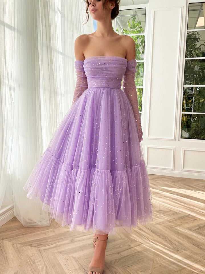 A-Line/Princess Sweetheart Strapless Fitted Off-the-Shoulder Gloves Ankle-Length Prom Dress