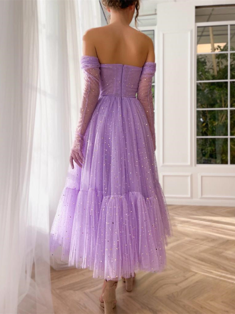 A-Line/Princess Sweetheart Strapless Fitted Off-the-Shoulder Gloves Ankle-Length Prom Dress