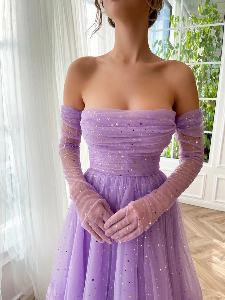 A-Line/Princess Sweetheart Strapless Fitted Off-the-Shoulder Gloves Ankle-Length Prom Dress