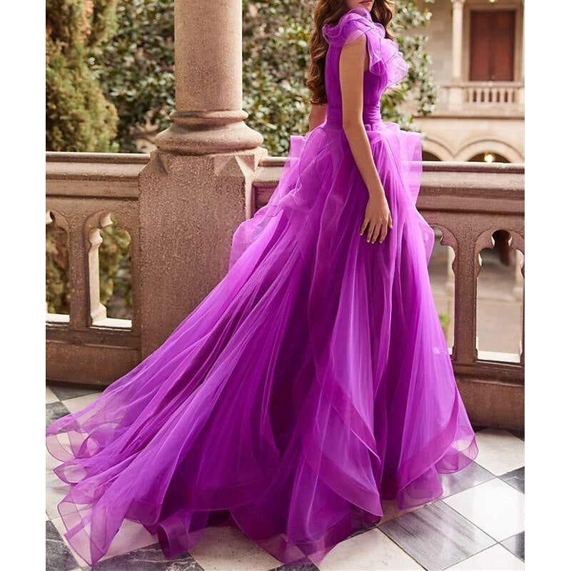 Tulle Prom Dresses 2026 A-Line/Princess V Neck Sleeveless Floor-Length Formal Evening Party Ball Gowns with Ruffles, Regency Tulle Prom Dresses 2026 A-Line/Princess V Neck Sleeveless Floor-Length Formal Evening Party Ball Gowns with Ruffles, Regency