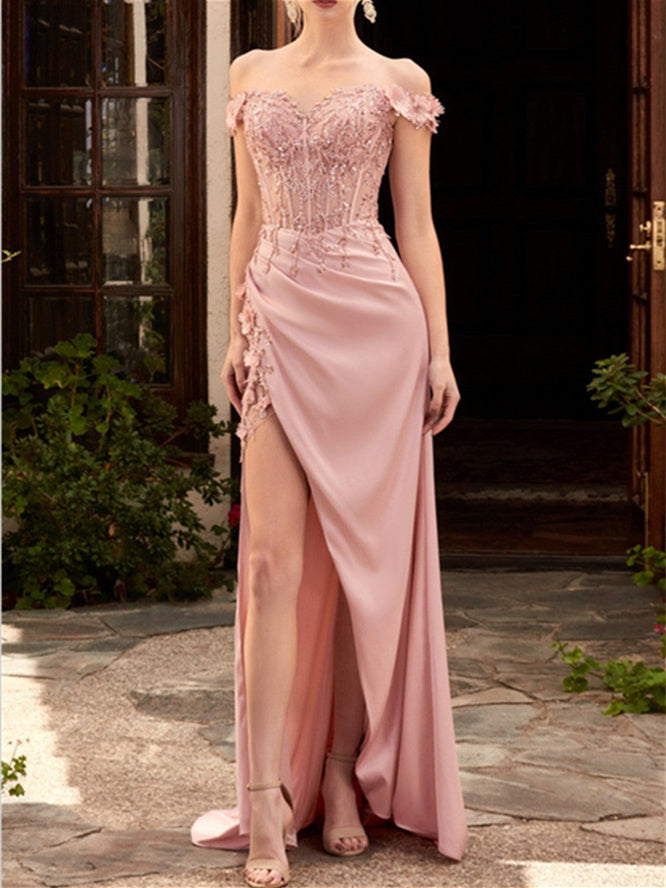 A-Line/Princess Sweetheart Off-the-Shoulder Floor-Length Prom Dresses with  Lace Embroidery