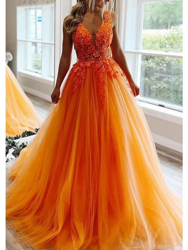A-Line/Princess V Neck Floor-Length Prom Dresses with  with Pleats Beading