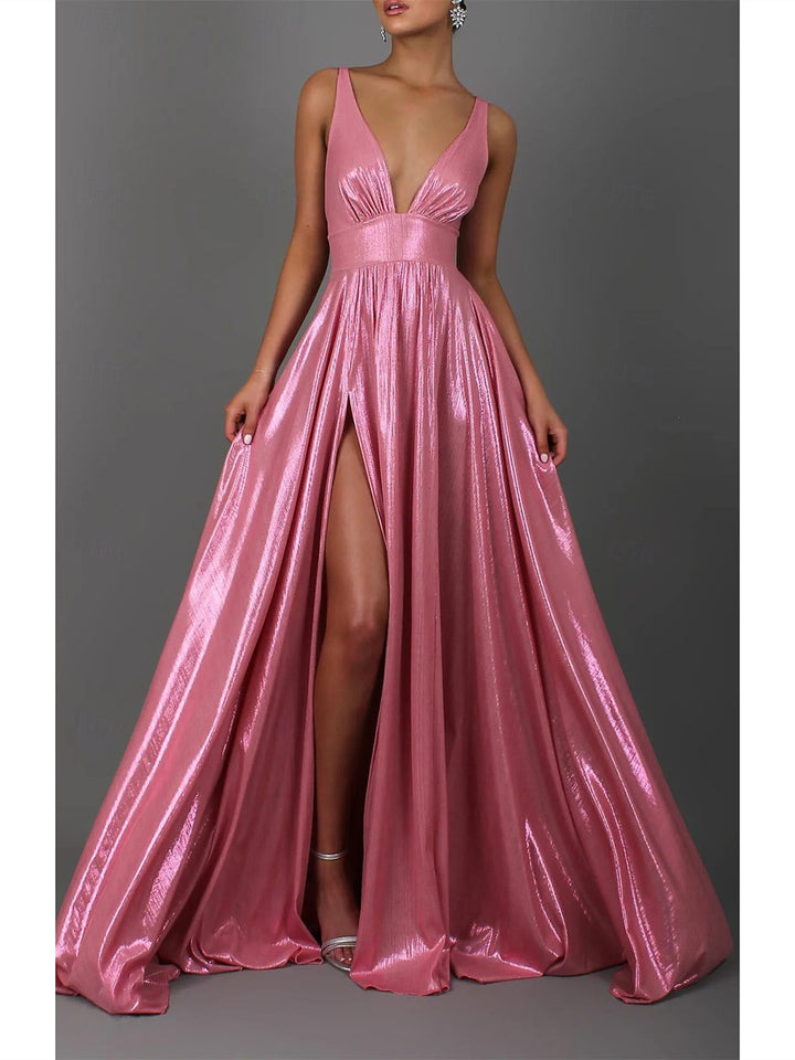 A-Line/Princess Sleeveless V Neck Floor-Length Prom Dresses with Pleats