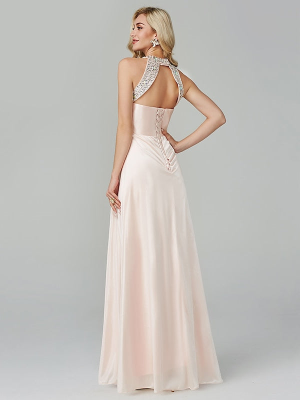 A-Line/Princess Sleeveless Halter Neck Floor-Length Prom Dresses with Crystals