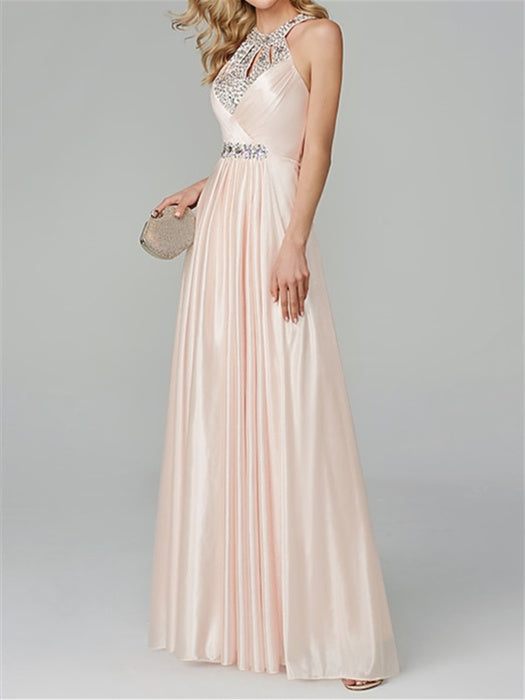 A-Line/Princess Sleeveless Halter Neck Floor-Length Prom Dresses with Crystals