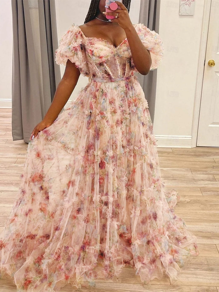 a line sweetheart prom dress A-line Sweetheart Floral Jacquard Prom Dress with Ruffle Straps PocketsS9108P - Prom Dresses