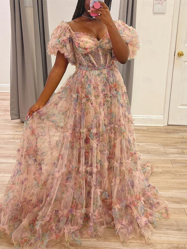 A-Line/Princess Off-the-Shoulder Floor-Length Sweetheart Prom Dress