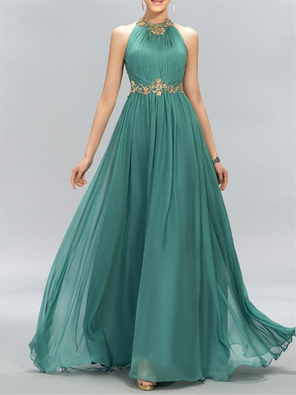 A-Line/Princess Sleeveless Halter Neck Floor-Length Evening Dress