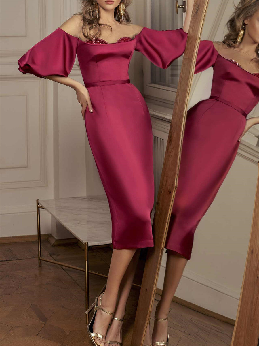 Sheath/Column Straight Neckline Half Sleeves Knee-Length Cocktail Dresses with Embellished Cups Sheath/Column Straight Neckline Half Sleeves Knee-Length Cocktail Dresses with Embellished Cups
