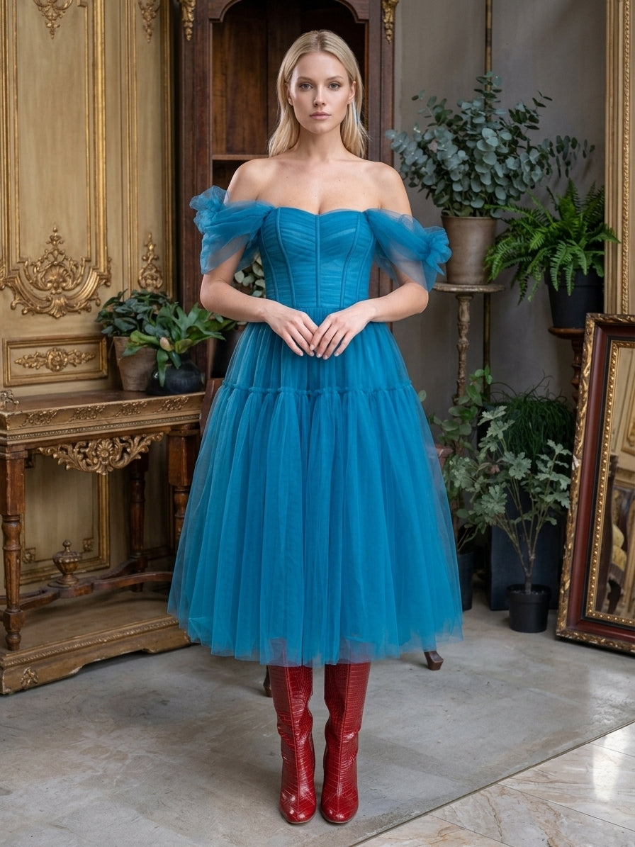 A-Line/Princess Off-the-shoulder Short Sleeves Knee-Length Cocktail Dresses