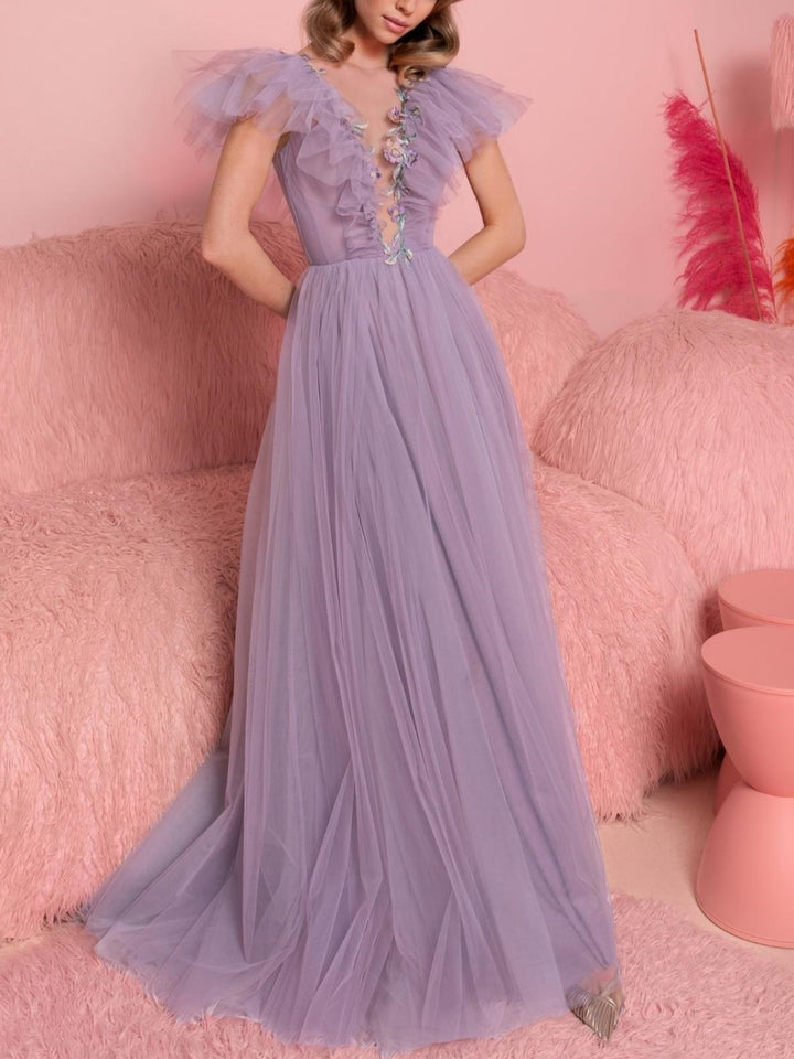 A-Line/Princess V-Neck Short Sleeves Floor-Length Evening Dress with Ruffles