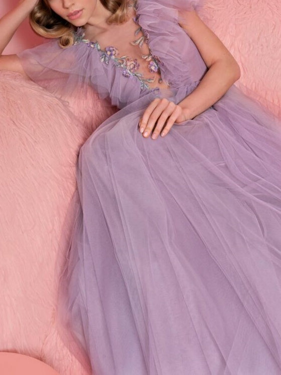 A-Line/Princess V-Neck Short Sleeves Floor-Length Evening Dress with Ruffles