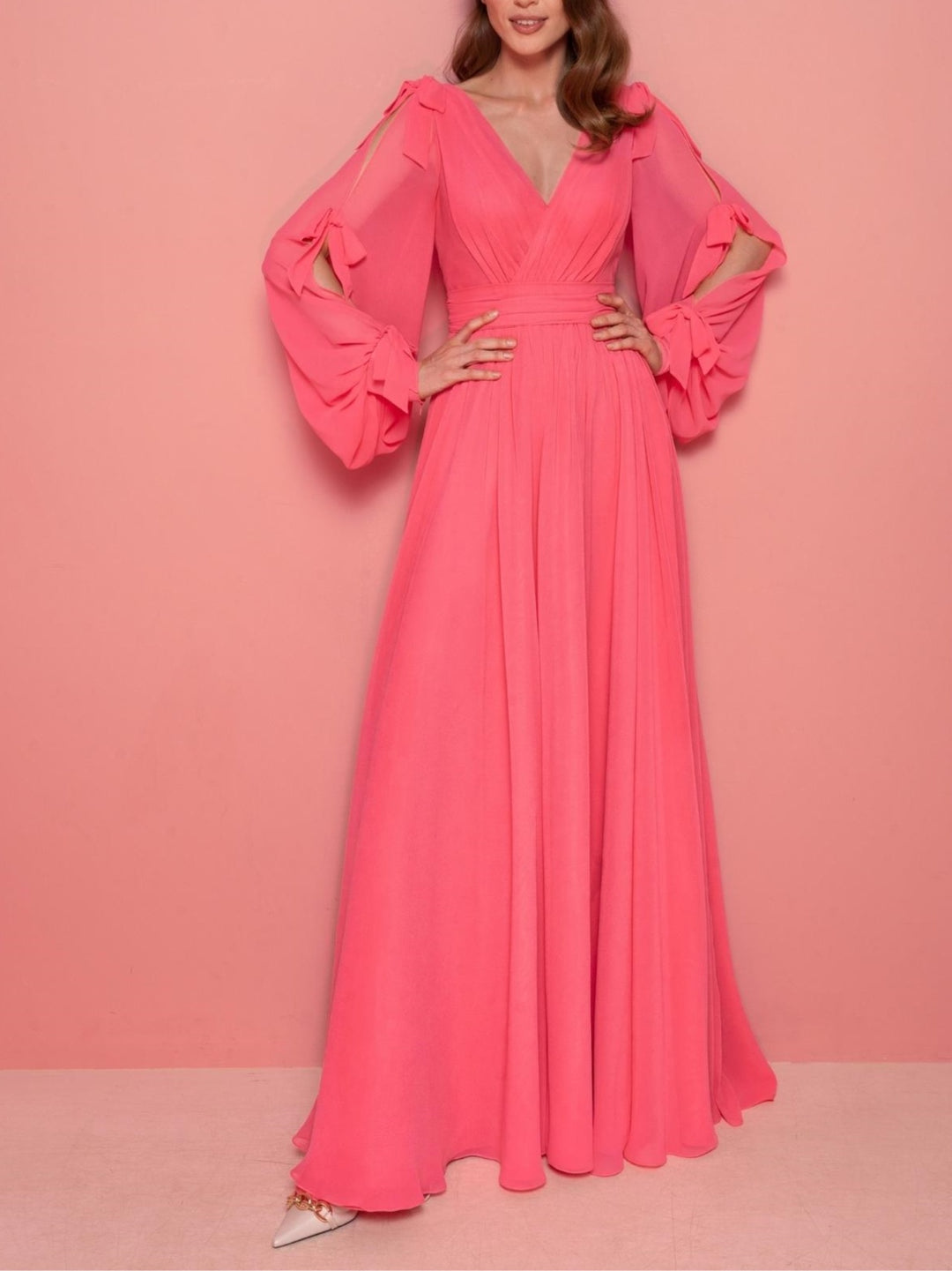 A-Line/Princess V-Neck Long Sleeves Floor-Length Evening Dress with Ruffles