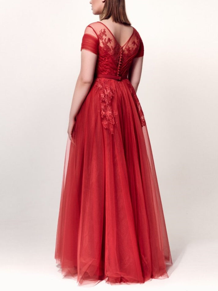A-Line/Princess Jewel Neck Short Sleeves Ankle-Length Evening Dress with Applique