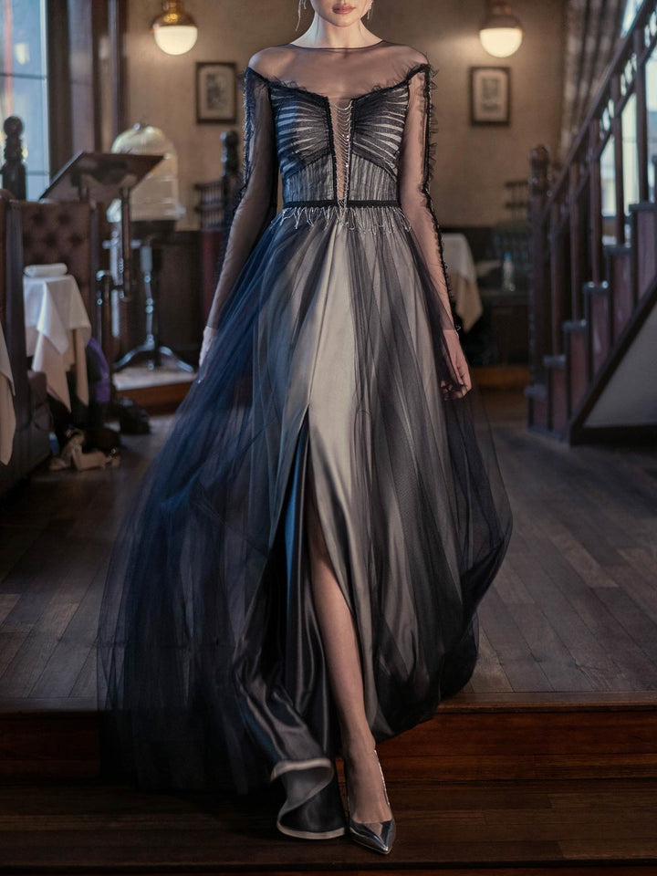 A-Line/Princess Scoop Long Sleeves Floor-Length Evening Dress with Split Side