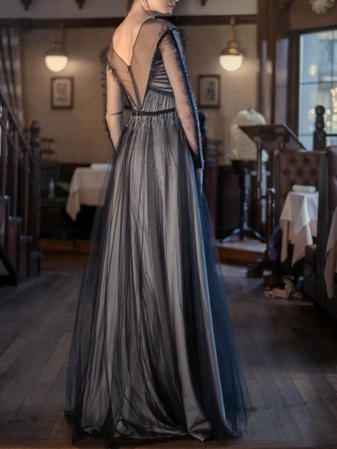 A-Line/Princess Scoop Long Sleeves Floor-Length Evening Dress with Split Side