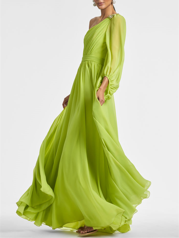 A Line/Princess One Shoulder Floor-Length Evening Dress with Ruffles