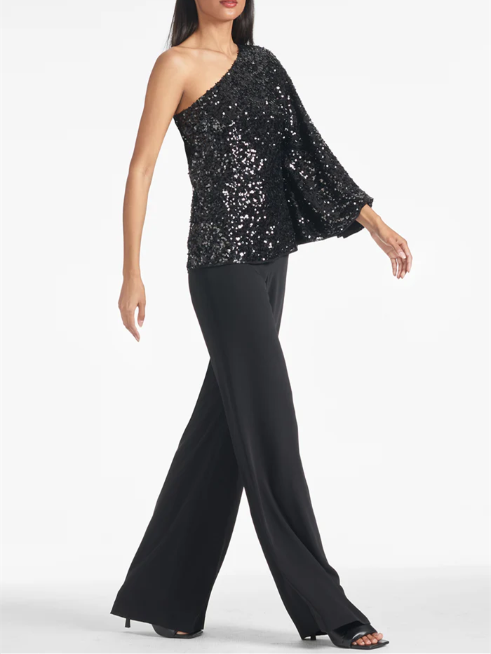 Black Sequin One Shoulder Top Evening Dress