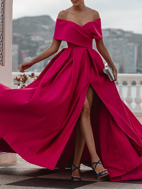 A-Line/Princess Off-the-shoulder Short Sleeves Floor Length Evening Dress