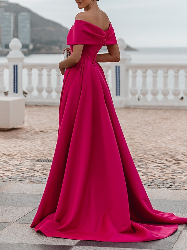A-Line/Princess Off-the-shoulder Short Sleeves Floor Length Evening Dress