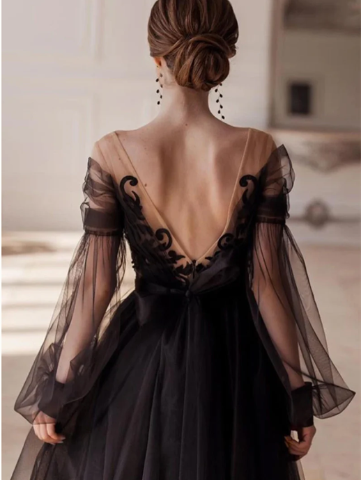 Tulle Prom Dresses Black 2026 Women's A-Line/Princess V-Neck Long Sleeves Ankle-Length Formal Evening Dress Black Ball Gowns Tulle Prom Dresses Black 2026 Women's A-Line/Princess V-Neck Long Sleeves Ankle-Length Formal Evening Dress Black Ball Gowns