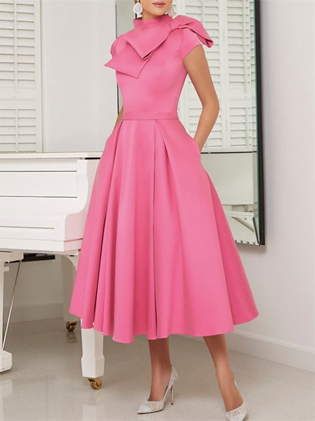 A-Line/Princess High Neck Short Sleeves Tea-Length Cocktail Dresses
