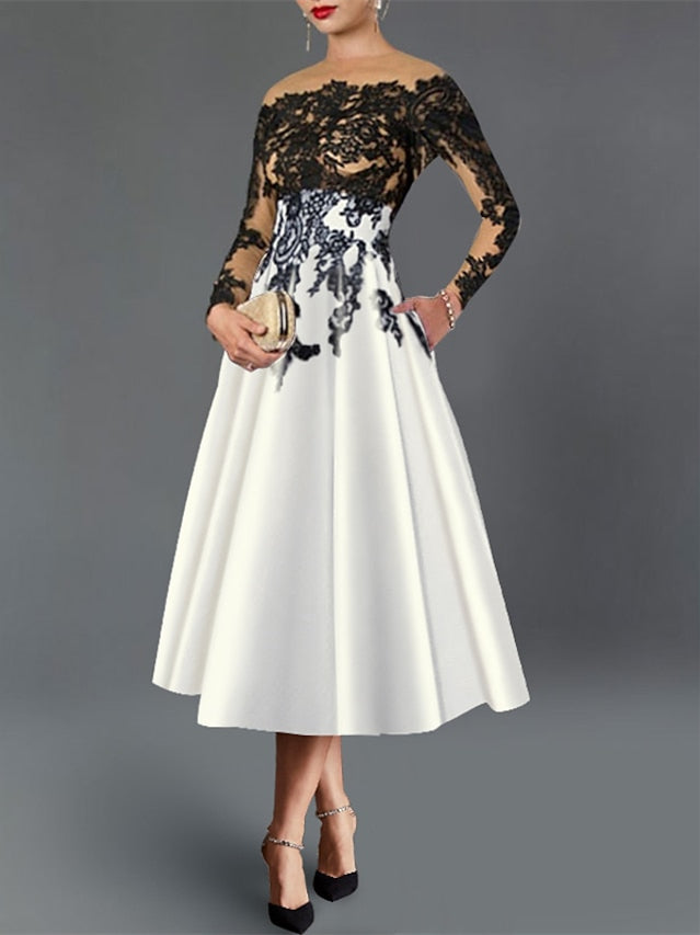 A-Line/Princess Illusion Neck Cocktail Dresses Long Sleeves Tea-Length