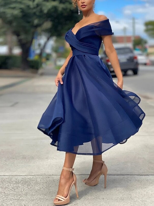 Cocktail Dresses 2026 Tulle Off-The-Shoulder A-Line/Princess Sleeveless Tea-Length Formal Wedding Party Gowns with Pleats, Pearl Pink Cocktail Dresses 2026 Tulle Off-The-Shoulder A-Line/Princess Sleeveless Tea-Length Formal Wedding Party Gowns with Pleats, Pearl Pink