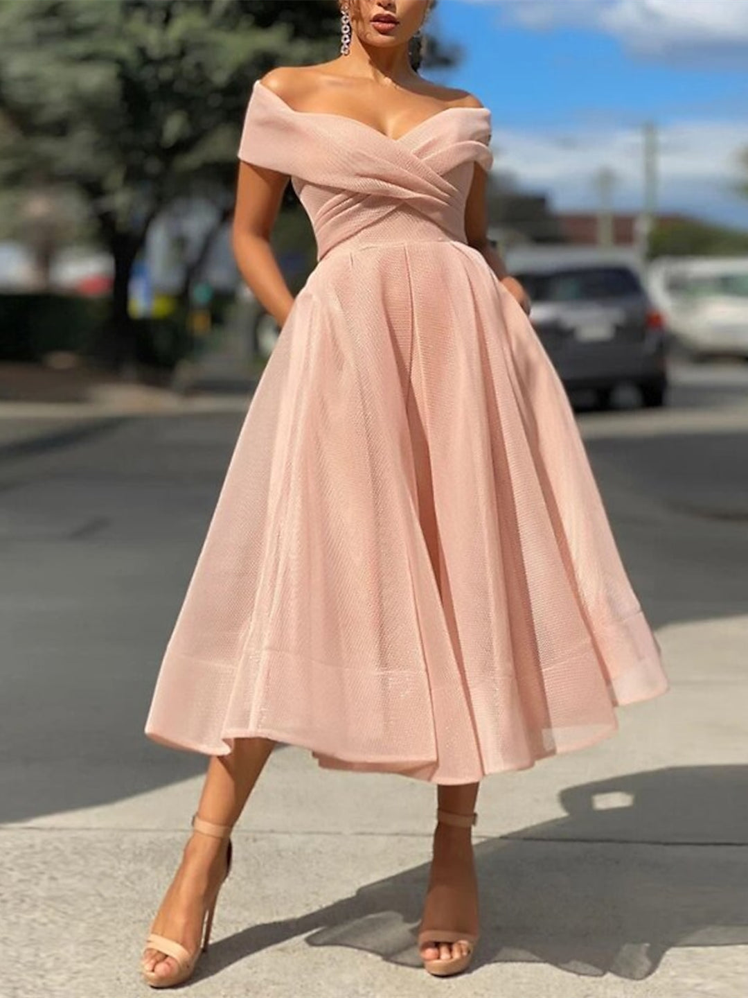 Cocktail Dresses 2026 Tulle Off-the-Shoulder A-Line/Princess Sleeveless Tea-Length Formal Wedding Party Gowns with Pleats, Pearl Pink Cocktail Dresses 2026 Tulle Off-the-Shoulder A-Line/Princess Sleeveless Tea-Length Formal Wedding Party Gowns with Pleats, Pearl Pink