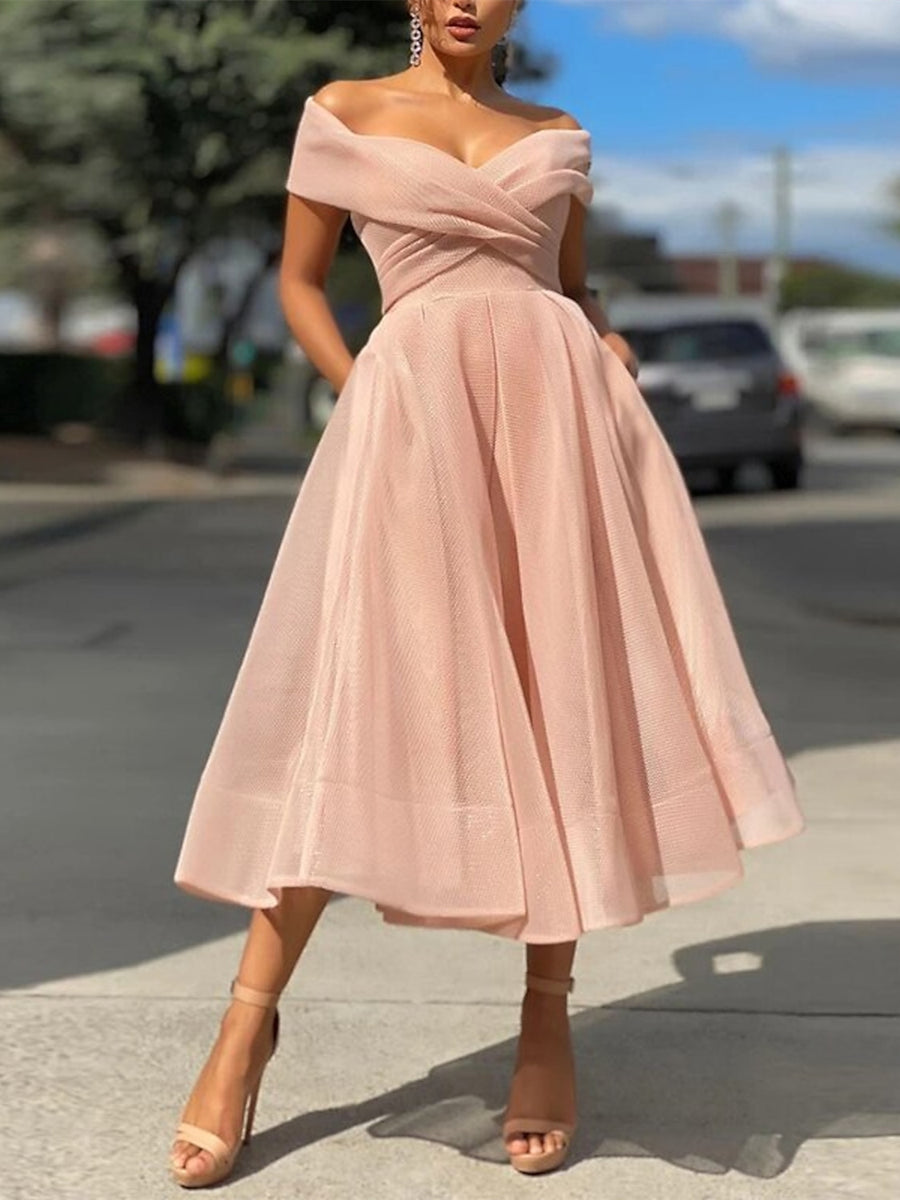 Cocktail Dresses 2026 Tulle Off-The-Shoulder A-Line/Princess Sleeveless Tea-Length Formal Wedding Party Gowns with Pleats, Pearl Pink Cocktail Dresses 2026 Tulle Off-The-Shoulder A-Line/Princess Sleeveless Tea-Length Formal Wedding Party Gowns with Pleats, Pearl Pink