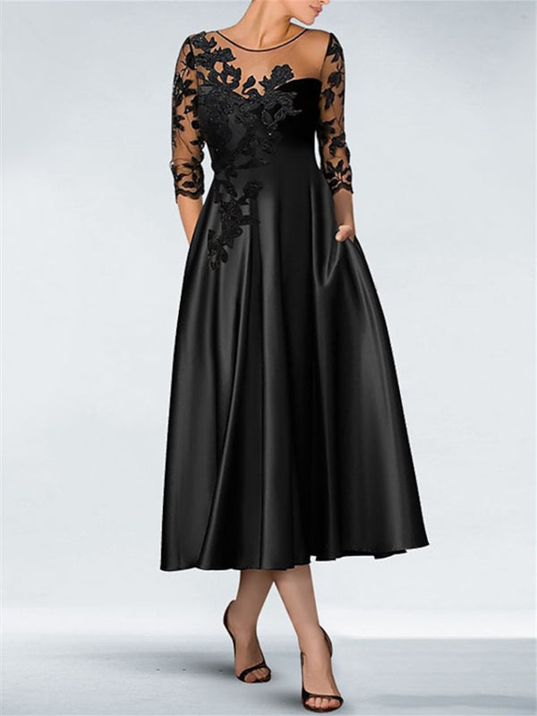 A-Line/Princess Illusion Neck Tea-Length Black Cocktail Dresses
